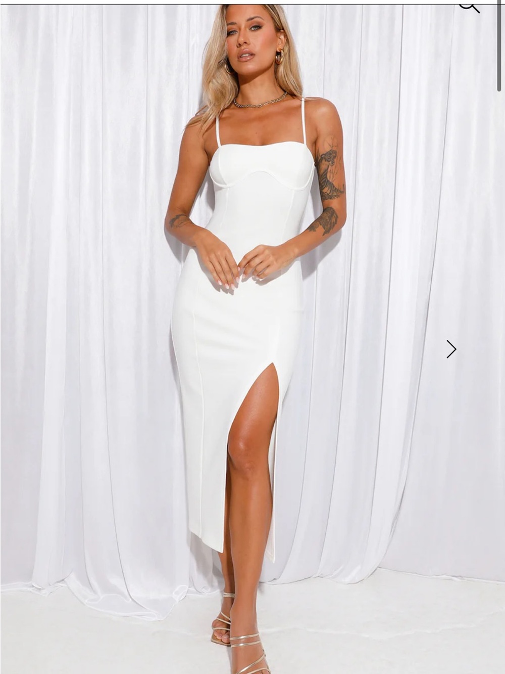 Hello Molly White Strappy Bodycon Midi Dress with High Front Slit